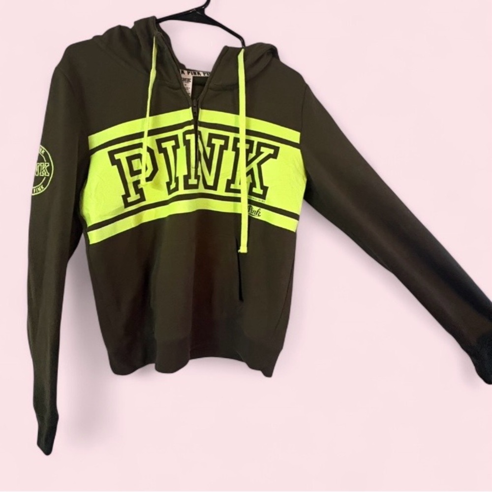 PINK Victoria’s Secret Neon Green Logo Half Zip Hoodie Size Medium - Picture 2 of 7